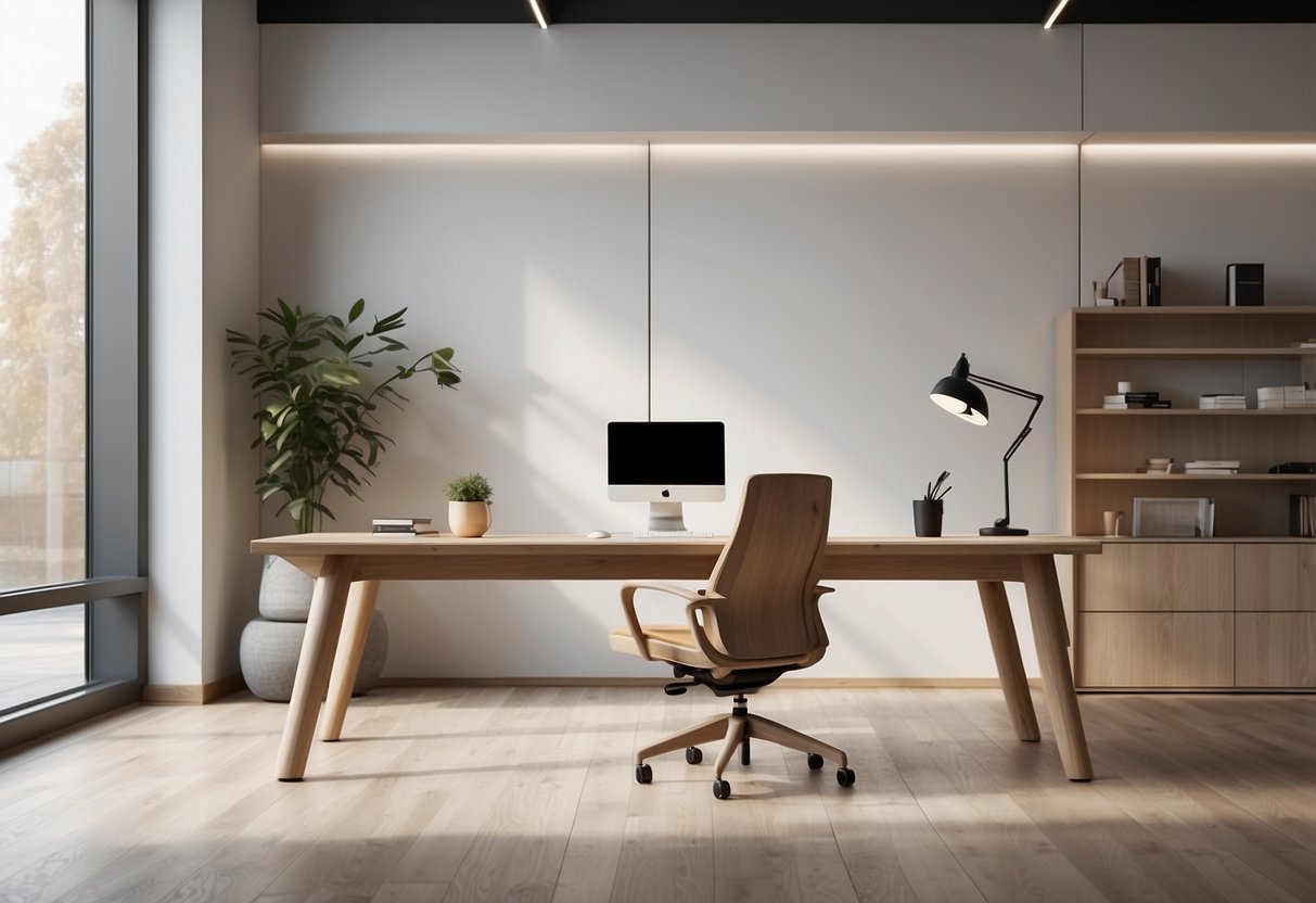 A spacious, well-lit office with minimalist, ergonomic furniture in light wood tones. Clean lines and functional design promote productivity and comfort