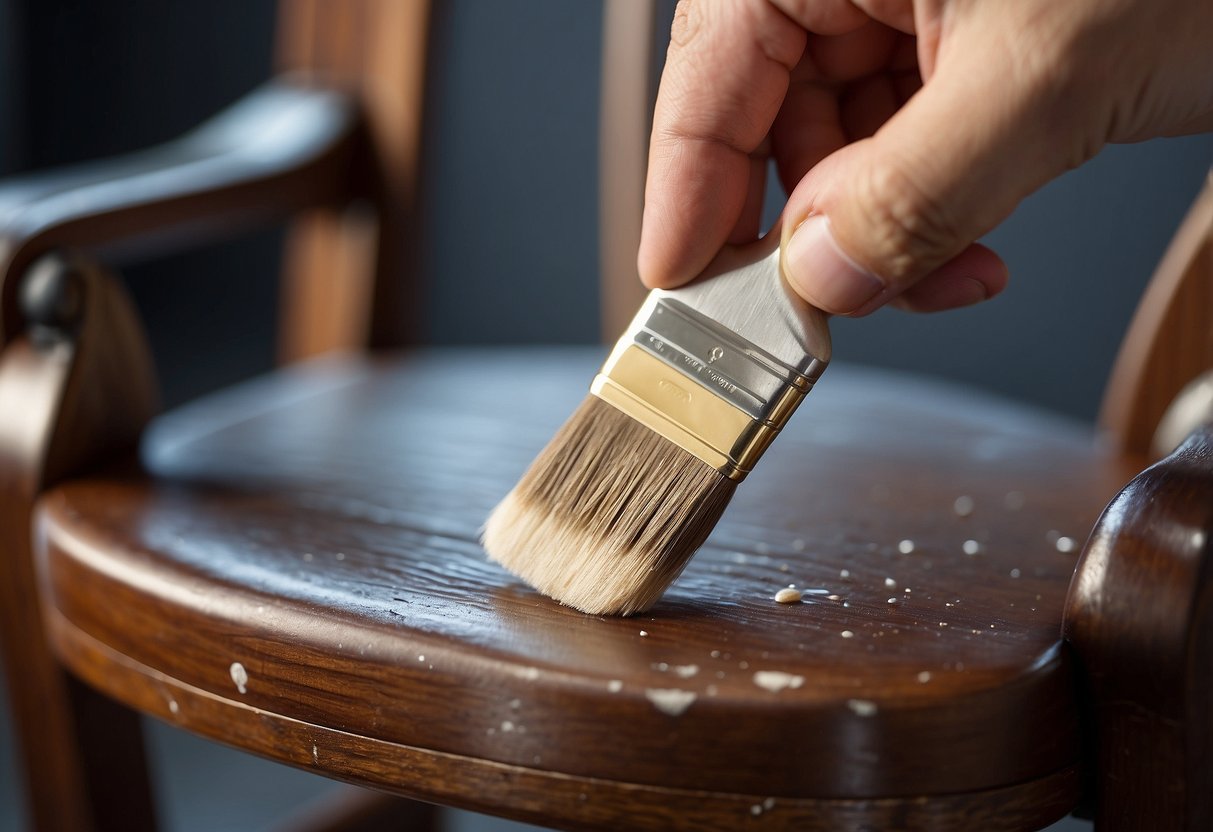 A hand holding a paintbrush applies Pearl Furniture Paint to a wooden chair, creating a smooth, shimmery finish