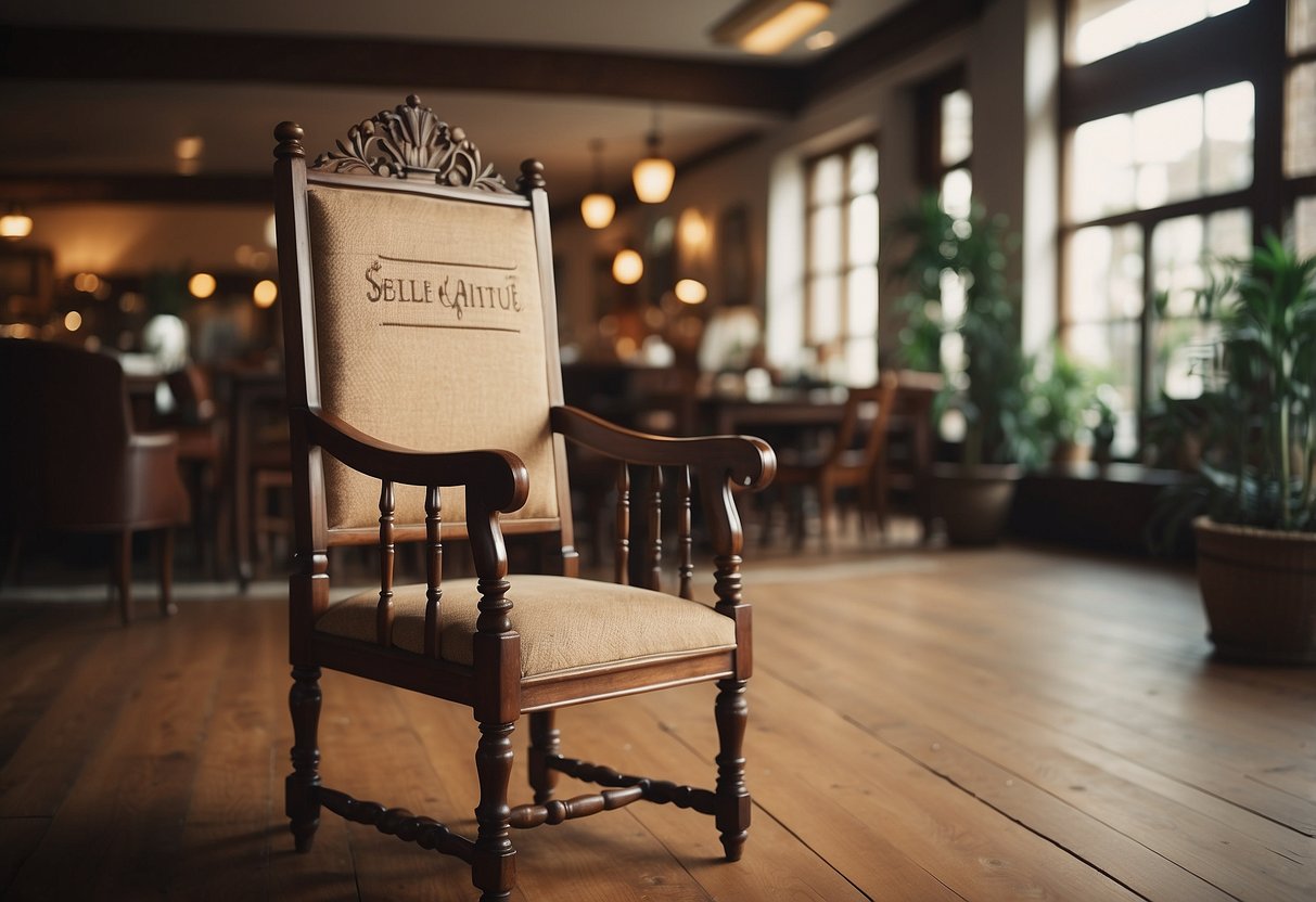 A vintage wooden chair and a mahogany table displayed in a well-lit showroom with a "Selling Your Antique Furniture" sign