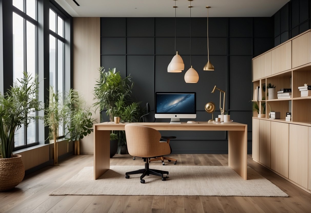 A modern, minimalist office space with sleek, clean-lined furniture in light wood tones, accented with pops of muted colors and natural textures