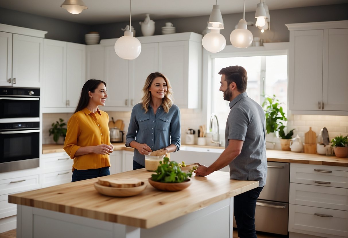A bright, spacious kitchen with sleek, modern IKEA cabinets and countertops. A family gathering around a large island, discussing the latest IKEA kitchen furniture sale