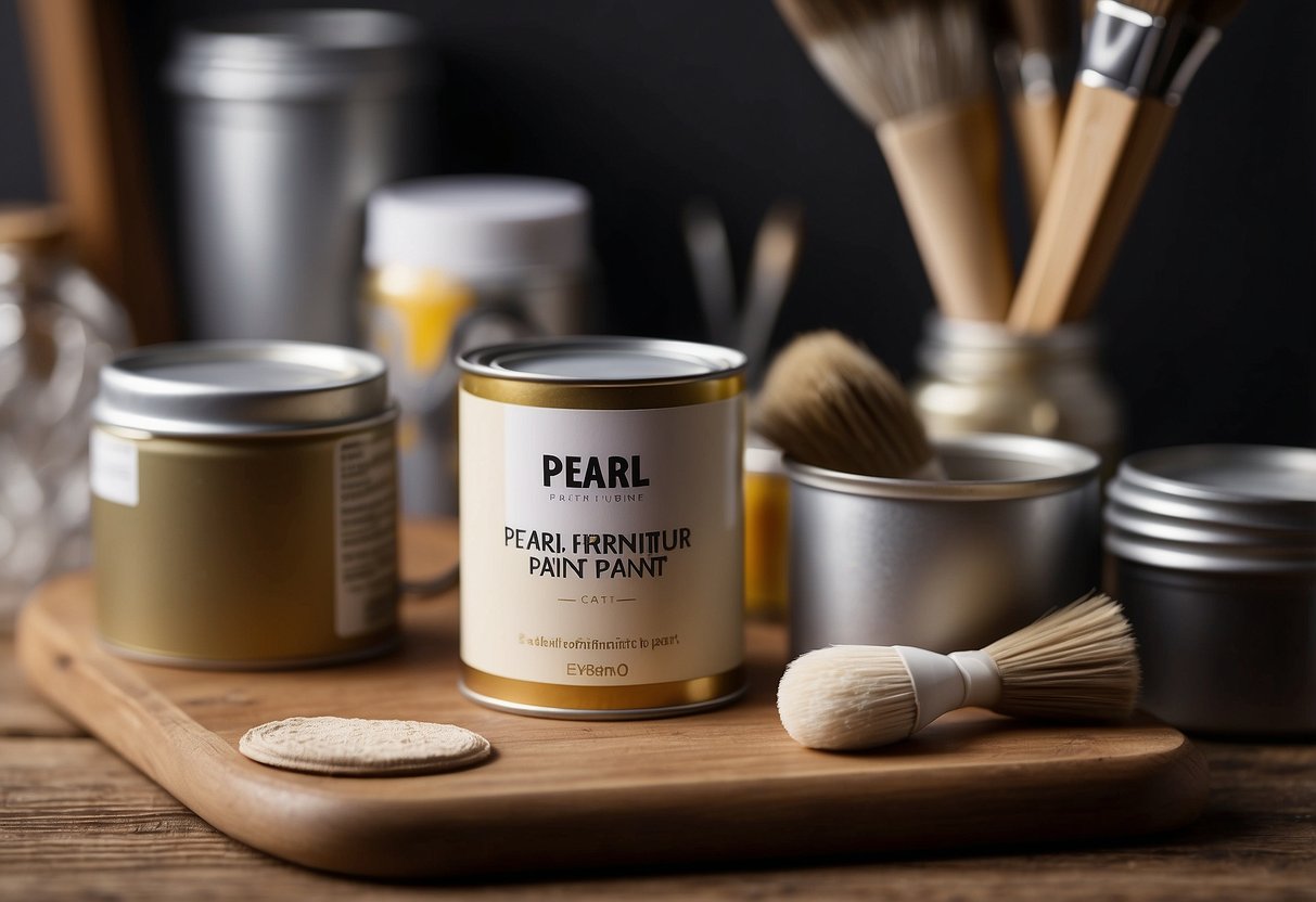 A can of pearl furniture paint sits on a wooden table, surrounded by paintbrushes and a stack of FAQs about the product