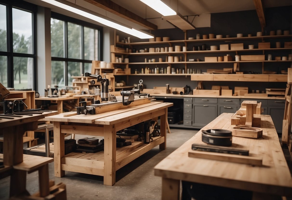 A woodworking workshop with various tools and materials for preserving wood furniture. Shelves display different wood care products and a table showcases finished furniture pieces