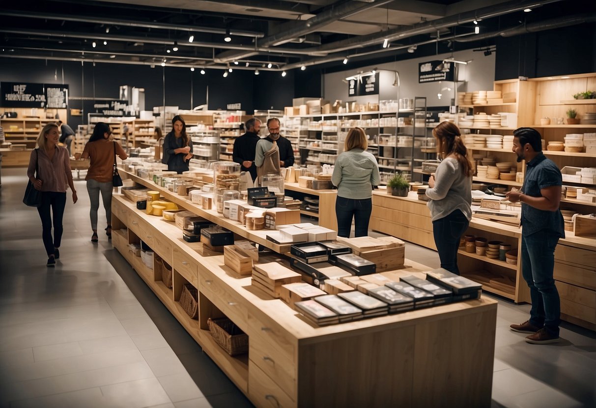 A busy store with customers browsing through discounted kitchen furniture at an IKEA sale. Shelves are stocked with various items, and signage indicates "Frequently Asked Questions" for assistance