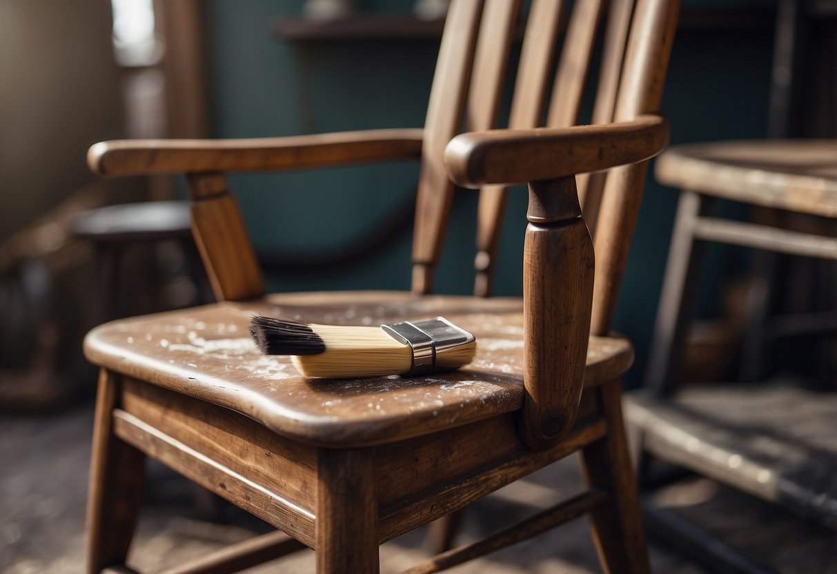 A wooden chair being painted with a distressed antique finish, showing brush strokes and uneven color for a vintage look