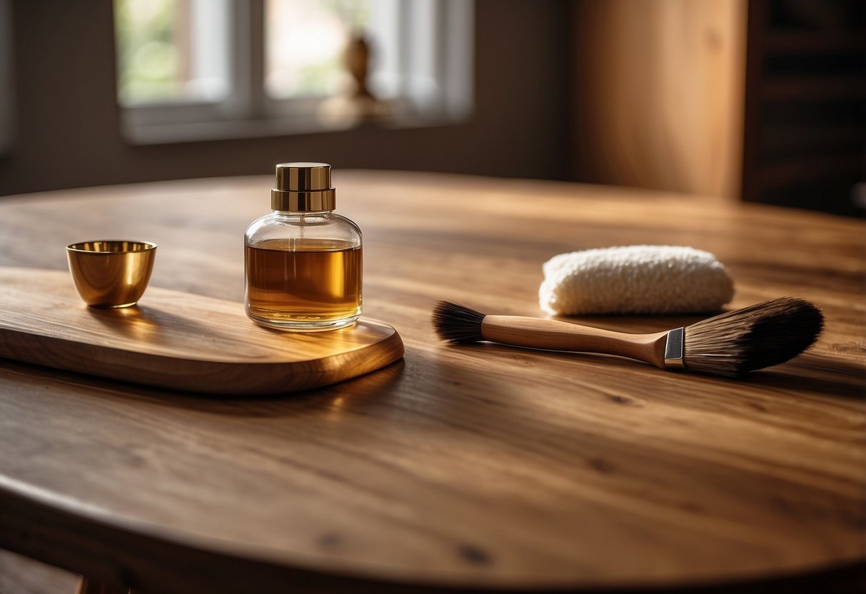 A wooden table with a bottle of wood polish, a soft cloth, and a brush, surrounded by various wood furniture pieces in a well-lit room