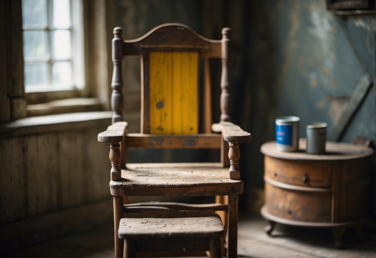 A wooden chair sits in a well-lit room, adorned with layers of antique paint. Brushes and sandpaper are scattered nearby, along with various cans of paint and a printed guide on how to antique furniture