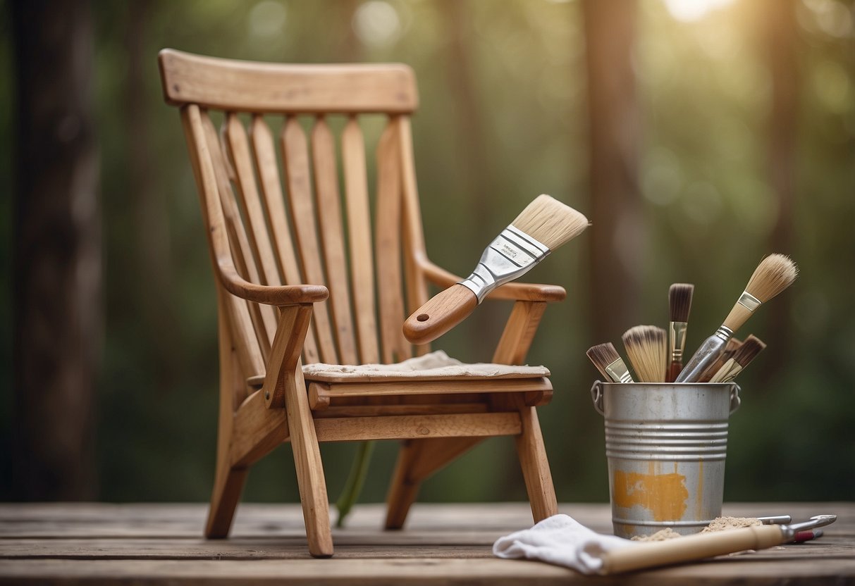 A wooden chair sits on a drop cloth, its surface sanded smooth. A person holds a paintbrush, ready to apply a fresh coat of paint
