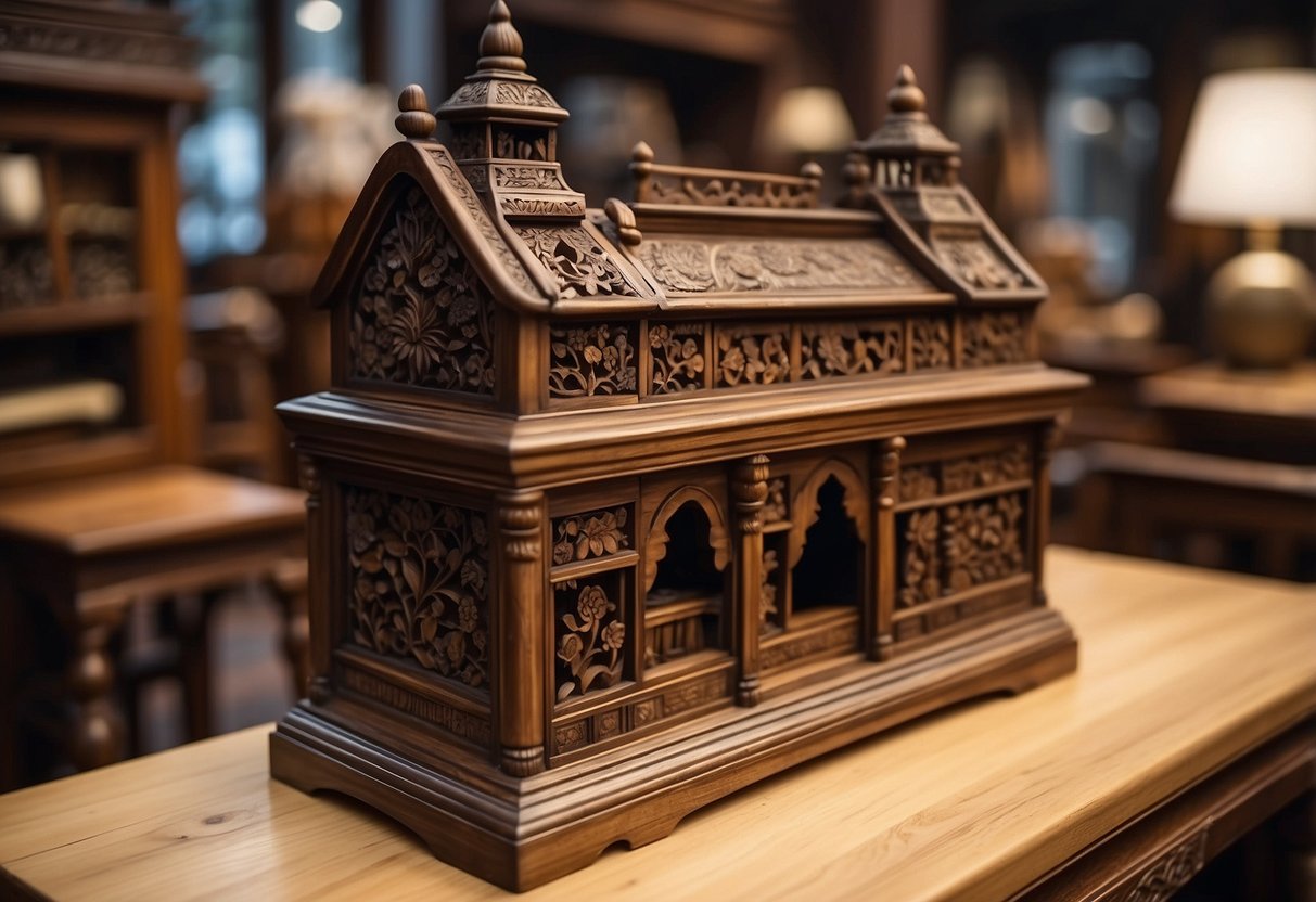 A traditional wooden furniture shop with intricate carvings and elegant designs
