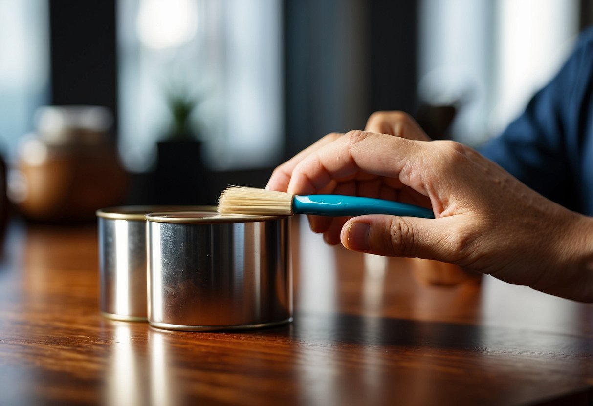 A hand dips a brush into a can of varnish, then applies it to a smooth wooden surface, creating a glossy finish