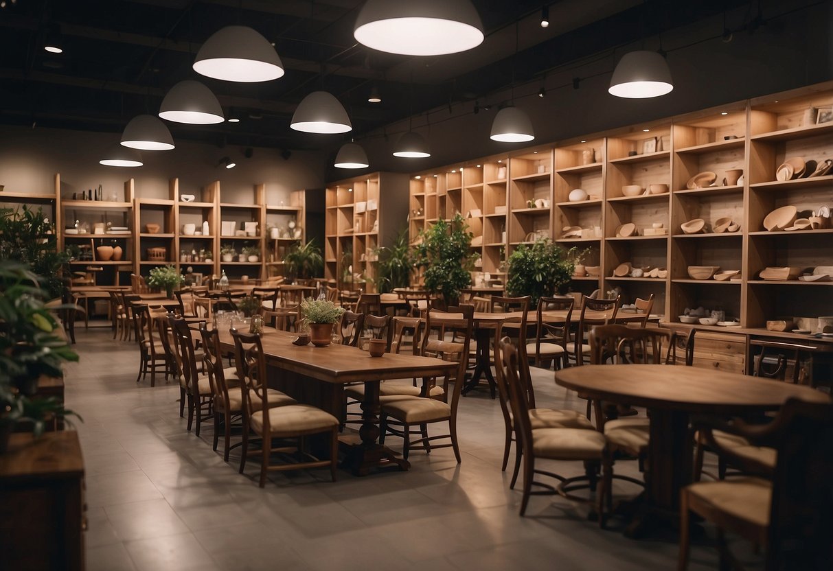 A room filled with 177 pieces of furniture, including chairs, tables, and shelves, arranged in a spacious and organized manner