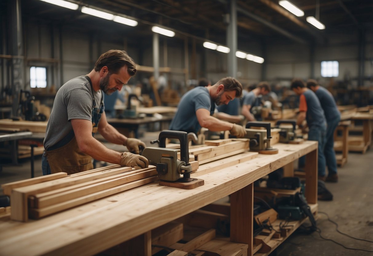 A bustling furniture workshop with saws buzzing, workers hammering, and stacks of polished wood ready for crafting
