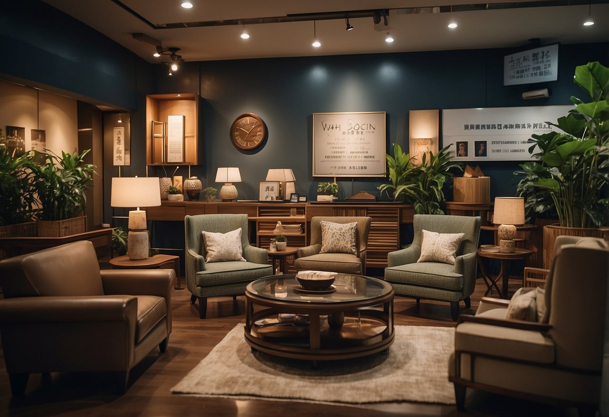 A variety of furniture pieces displayed with signage for "Wah Hin Soon Kee Furniture" and a list of available services