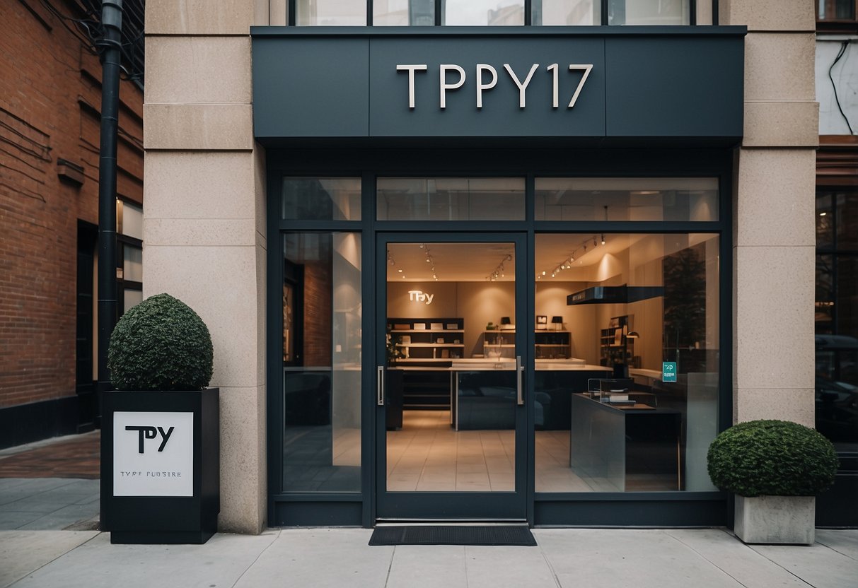 A welcoming storefront with a modern, minimalist design. Large windows showcase stylish furniture displays. A sign above the entrance reads "TPY 177 Furniture."