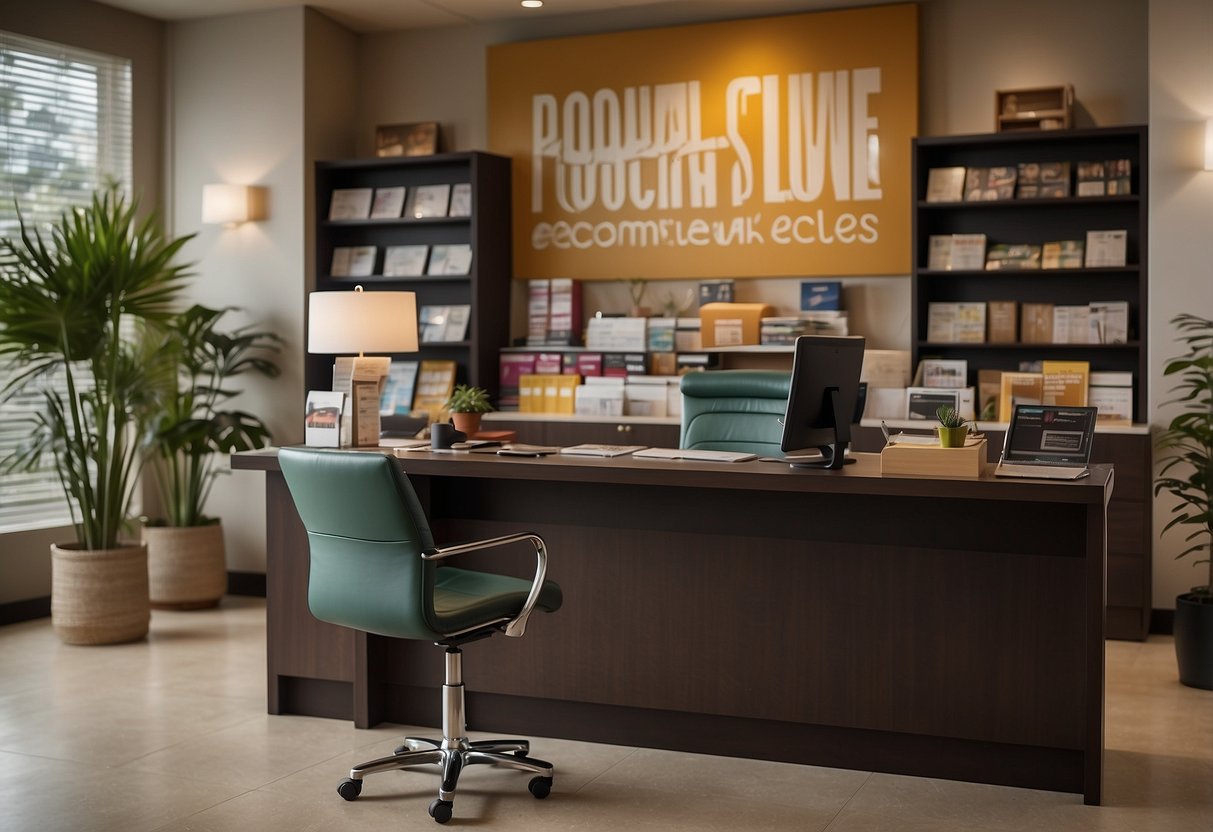 A room with a customer service desk, shelves of furniture catalogs, and a sign that reads "Frequently Asked Questions wah hin soon kee furniture"