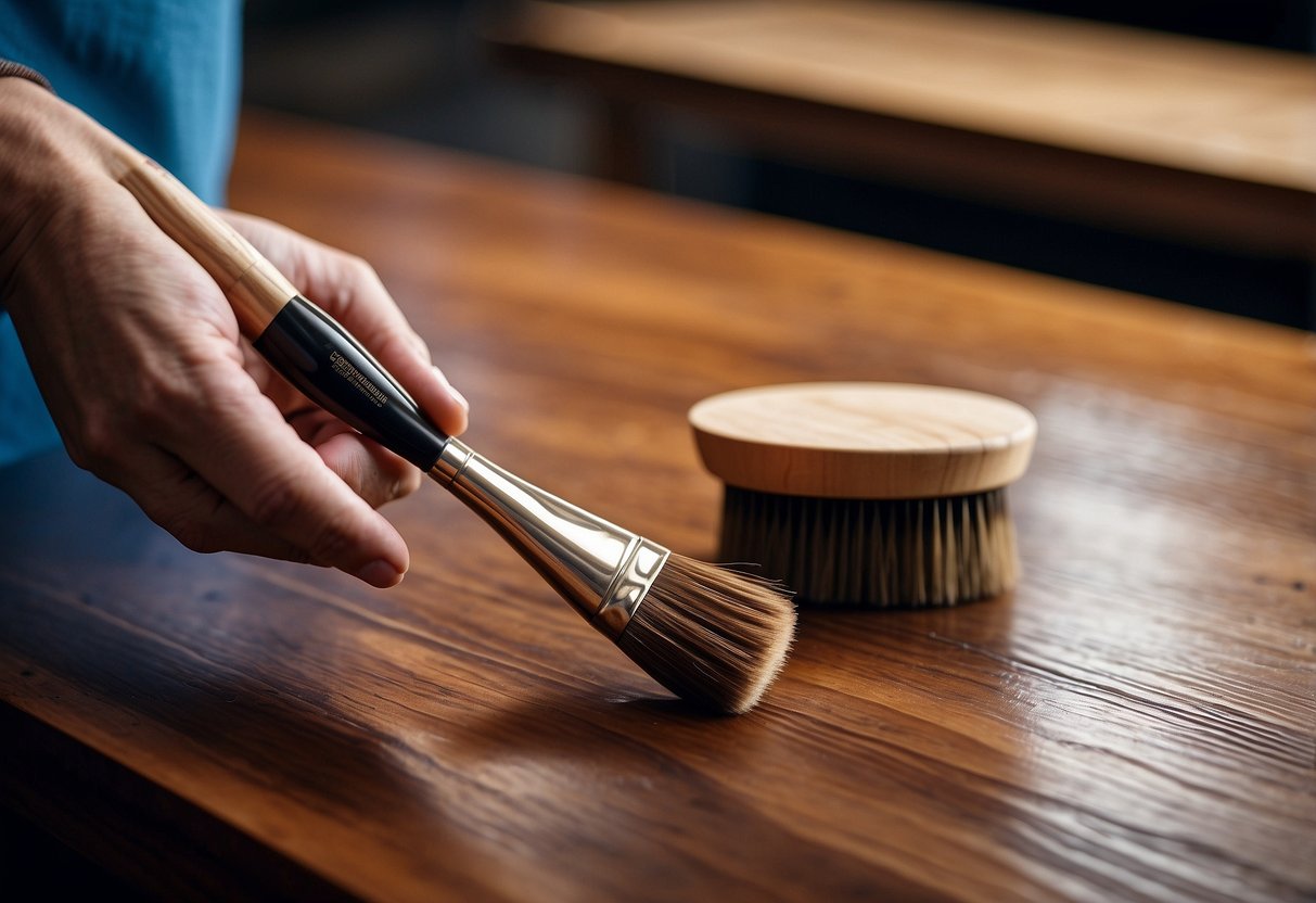 A hand holds a brush, applying varnish to a smooth wooden surface, creating a glossy and durable finish