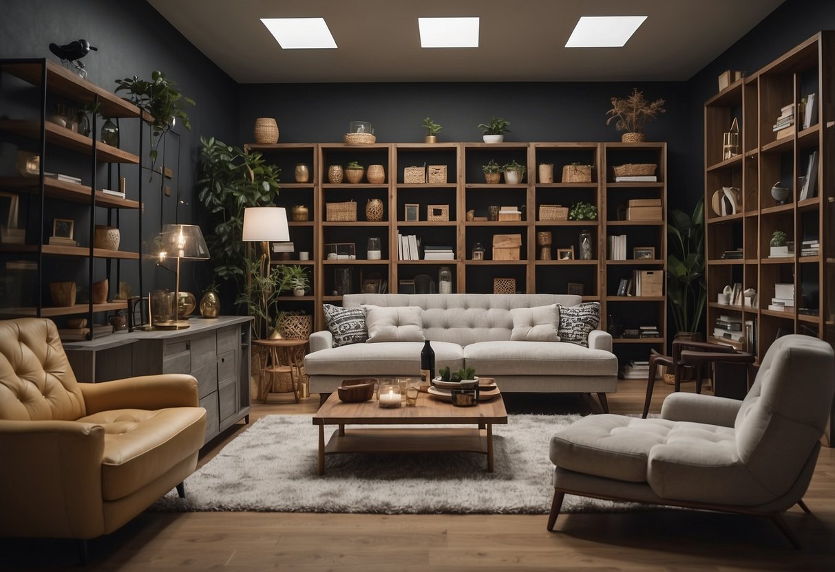 A room filled with various types of furniture arranged neatly