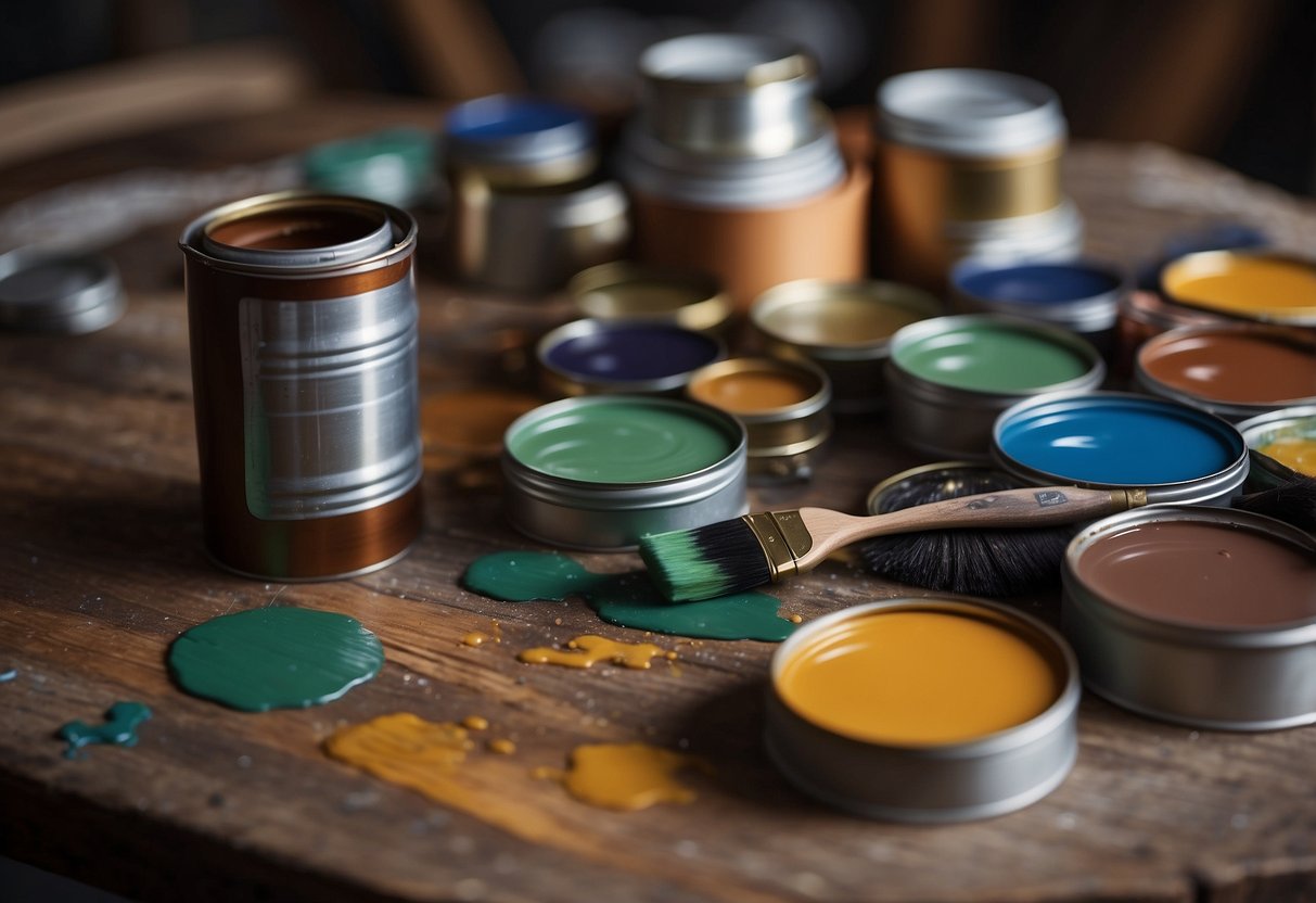 A mahogany table being painted with a brush, surrounded by paint cans and brushes on a drop cloth