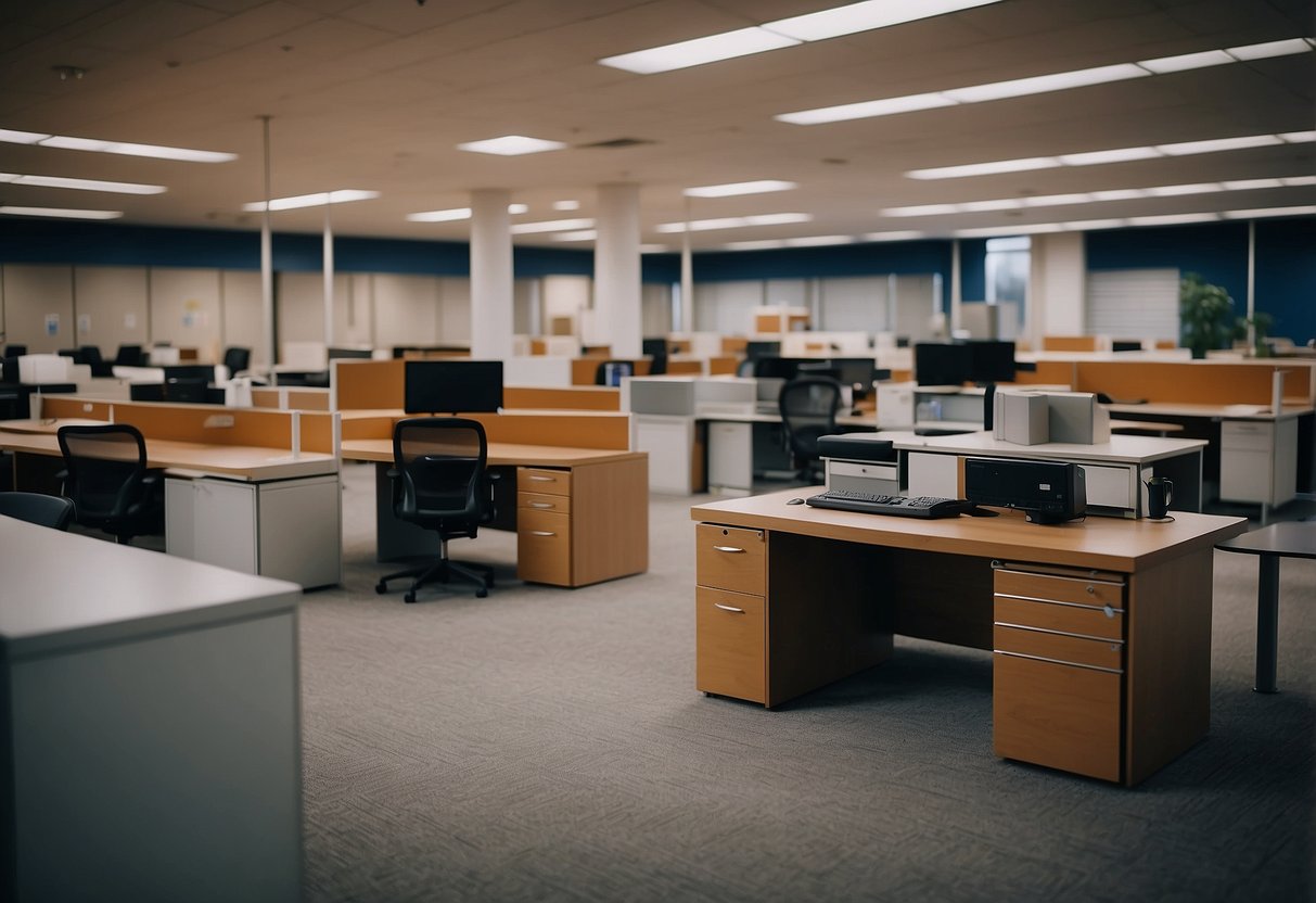 An array of office furniture, including desks, chairs, and filing cabinets, is displayed for sale in a spacious showroom