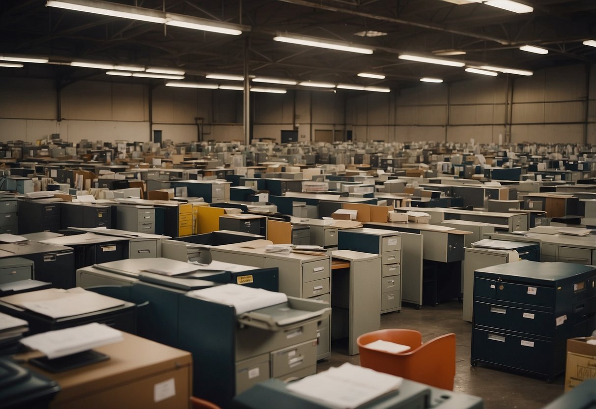 A cluttered warehouse filled with rows of used office desks, chairs, and filing cabinets. Price tags dangle from the furniture, and customers browse the aisles, inspecting the items for sale