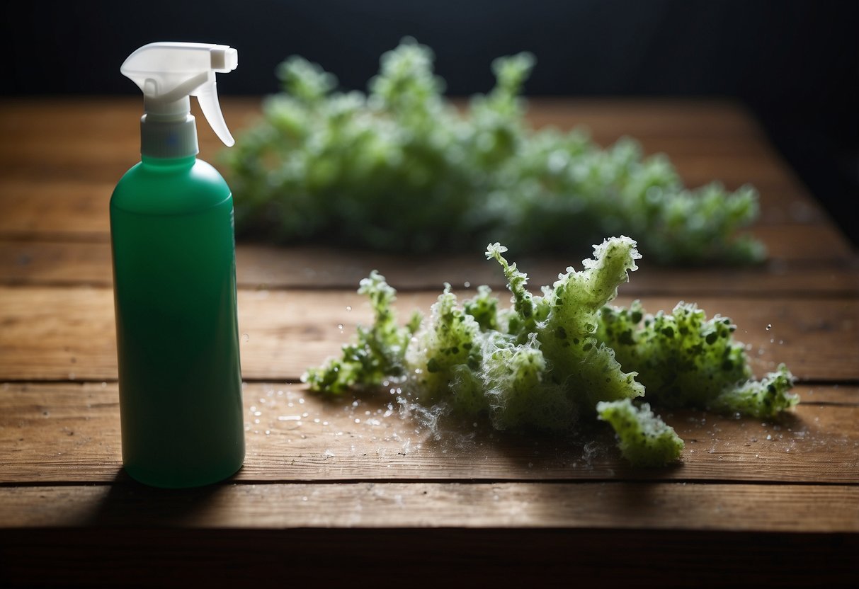 Mold grows on a wooden table, with visible green and black spots. A person wipes it with a cloth and disinfectant spray