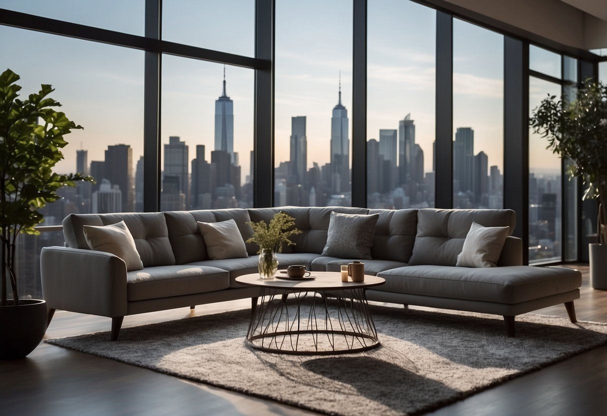 A modern living room with 3dsky furniture, featuring a sleek sofa, coffee table, and floor lamp, set against a backdrop of large windows with a city skyline view