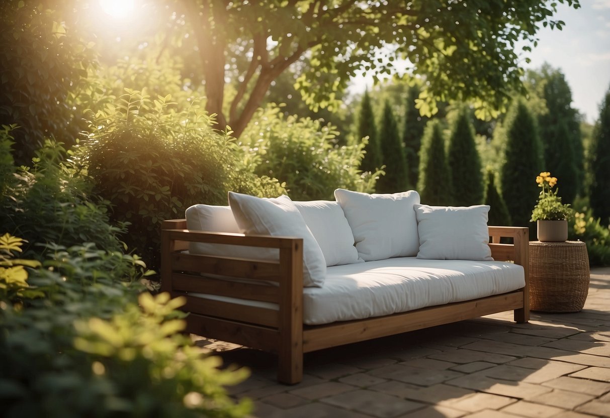 A cozy outdoor sofa with protective covers, surrounded by lush greenery and bathed in warm sunlight