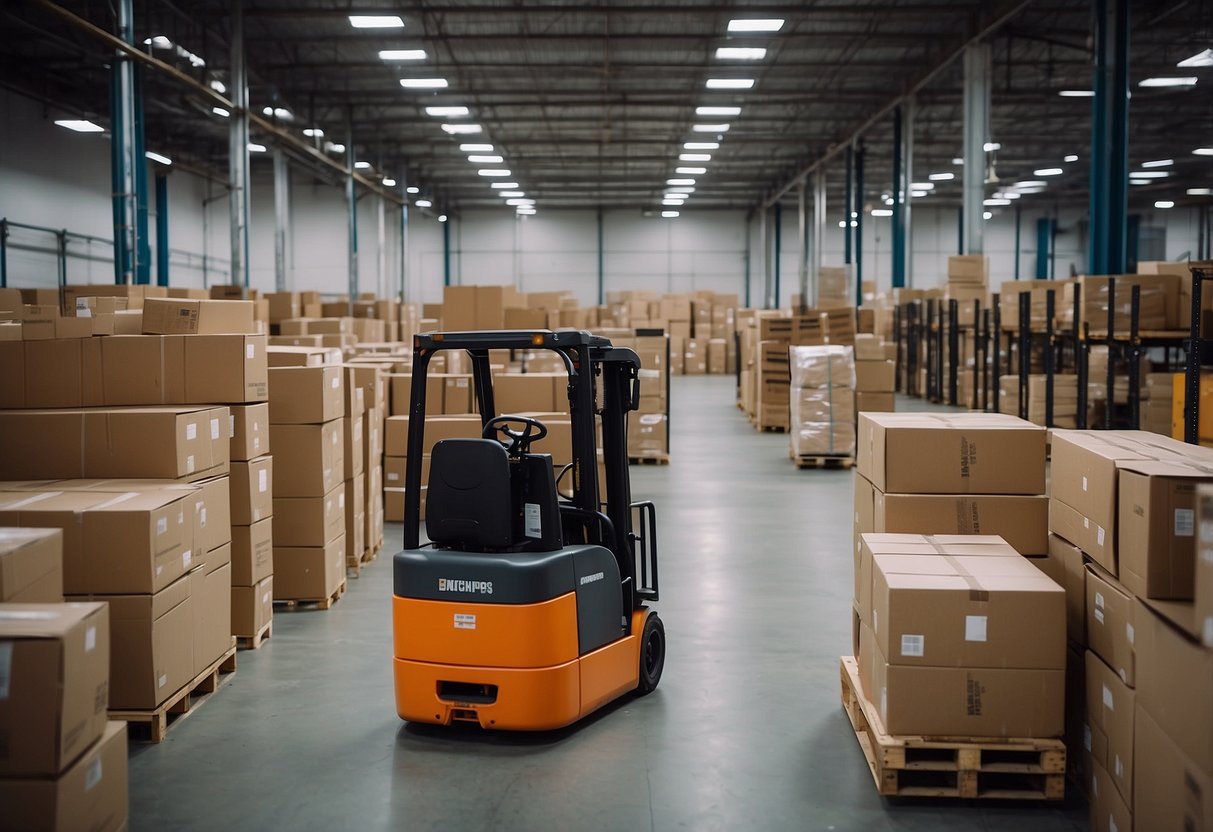 A warehouse filled with rows of second-hand office furniture for sale. Forklifts and pallet jacks moving items. Boxes and crates stacked high
