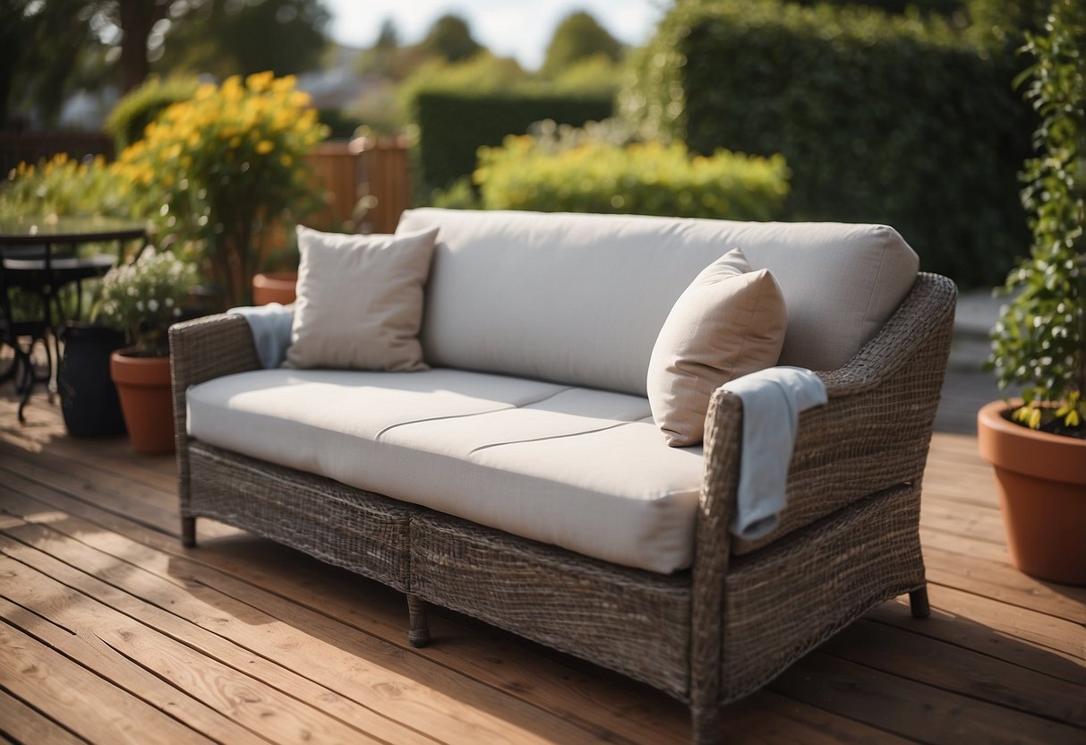 A cozy outdoor sofa sits on a patio, covered with a durable, weather-resistant furniture cover. The cover fits snugly, protecting the sofa from sun, rain, and debris