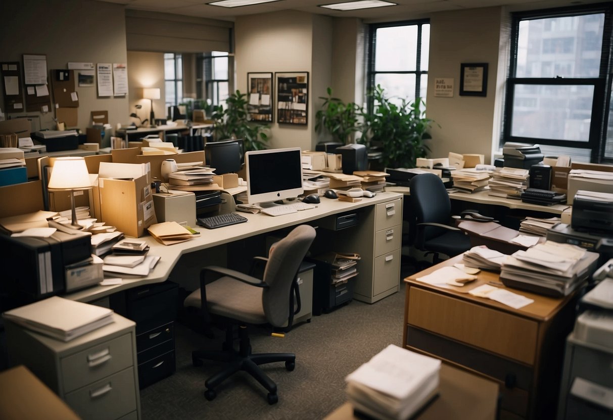 A cluttered office space with various used furniture items on sale, including desks, chairs, and filing cabinets. Signs and price tags are visible