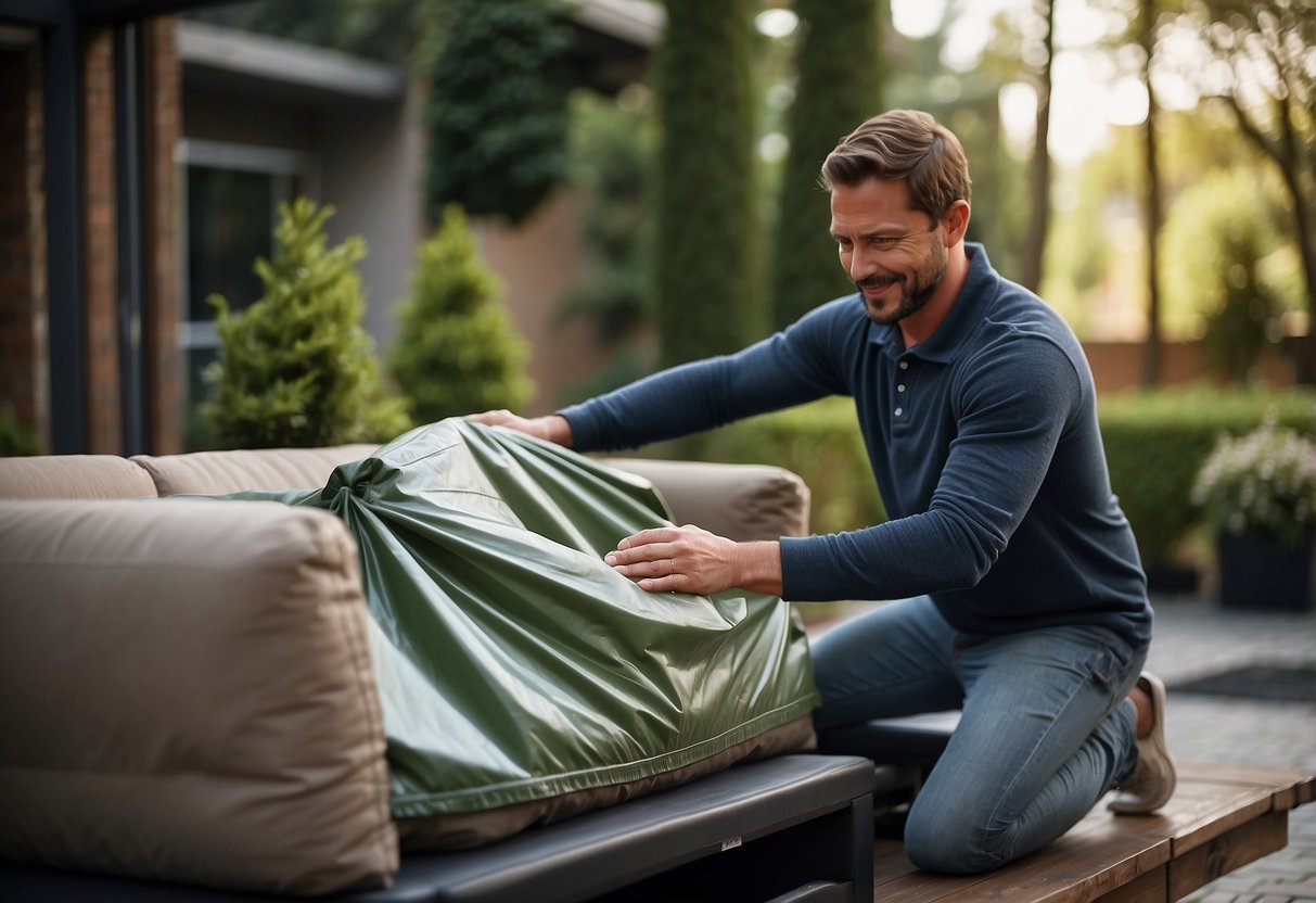 A person places a protective cover over an outdoor sofa, securing it in place and ensuring it is properly protected from the elements
