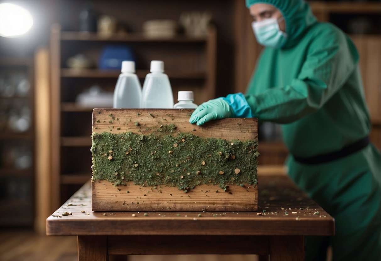 A wooden furniture piece covered in mold, with visible spores and discoloration, surrounded by cleaning supplies and a person wearing protective gear