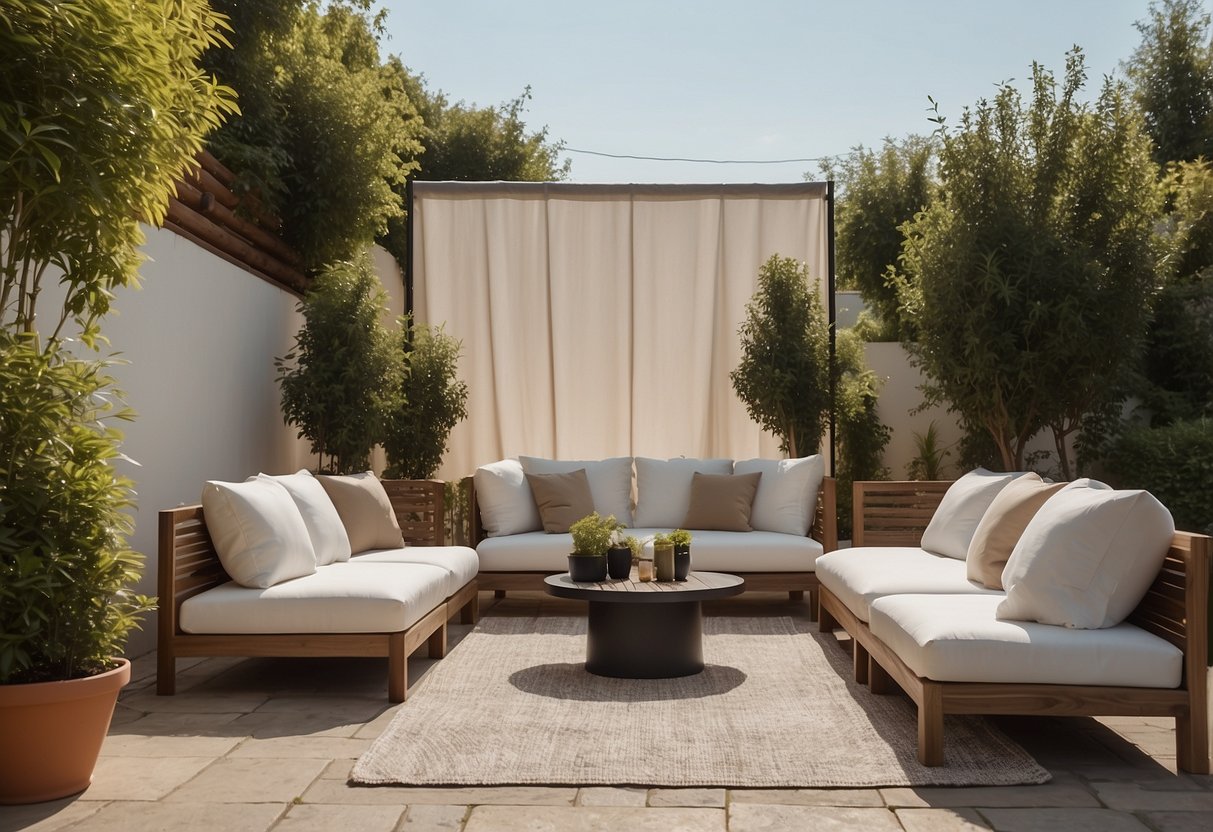 A patio with a set of outdoor sofa furniture covered with protective covers, surrounded by greenery and under a clear sky