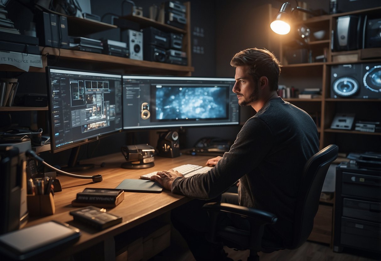 A 3D artist meticulously studies technical insights on 3dsky furniture, surrounded by computer screens, reference books, and a cluttered desk