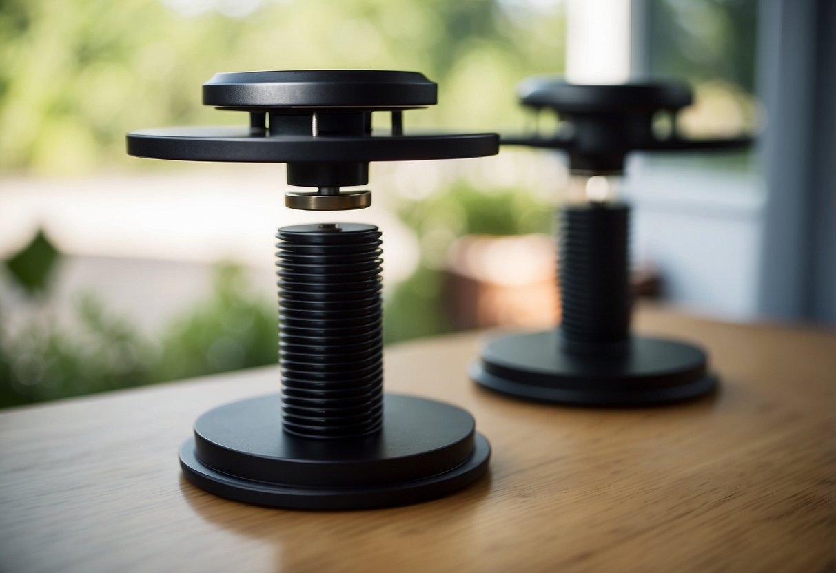 Adjustable furniture levelers supporting a table on uneven ground