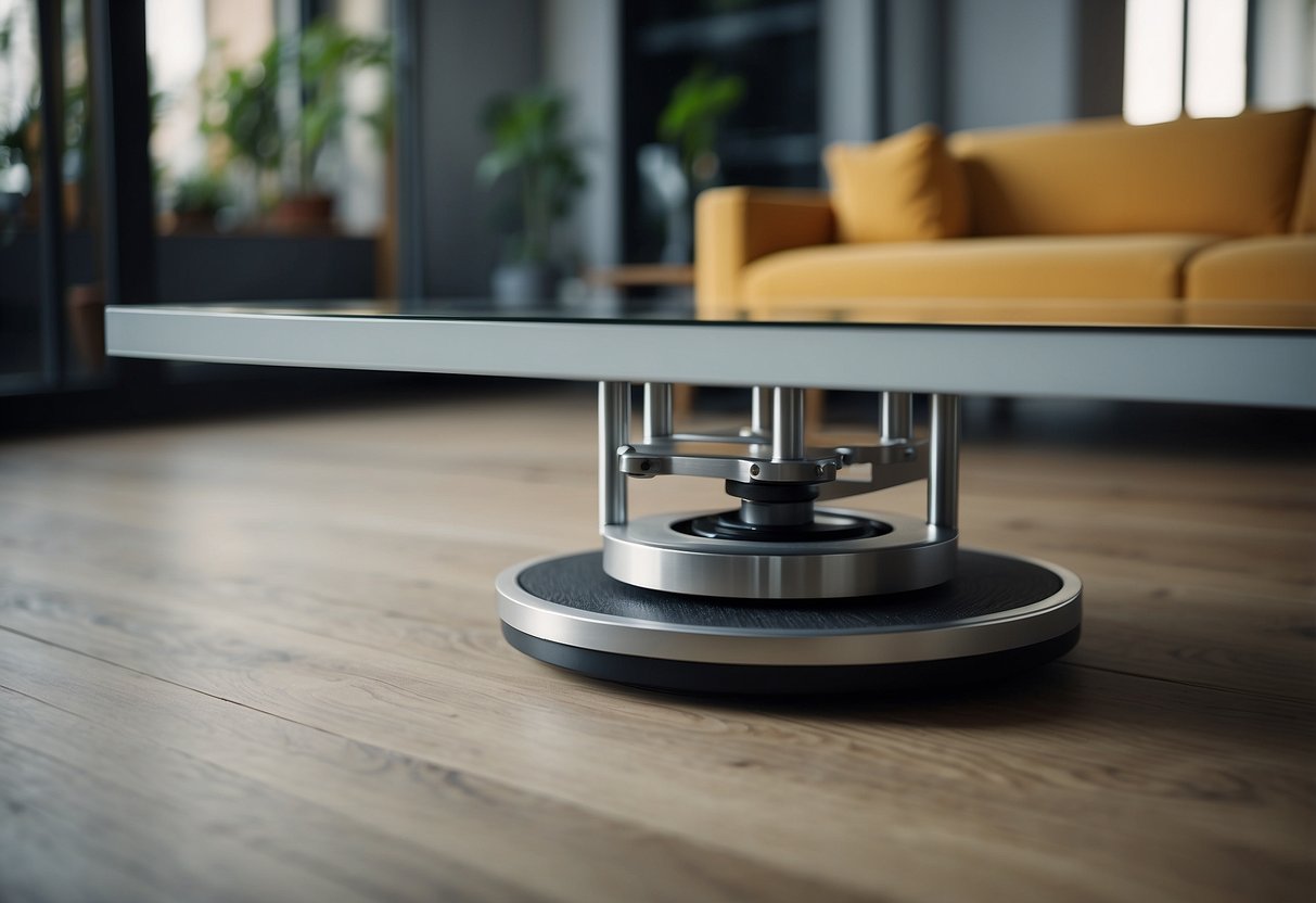 A table with adjustable furniture levelers sits on a slightly uneven floor, showing the levelers in use to stabilize the table