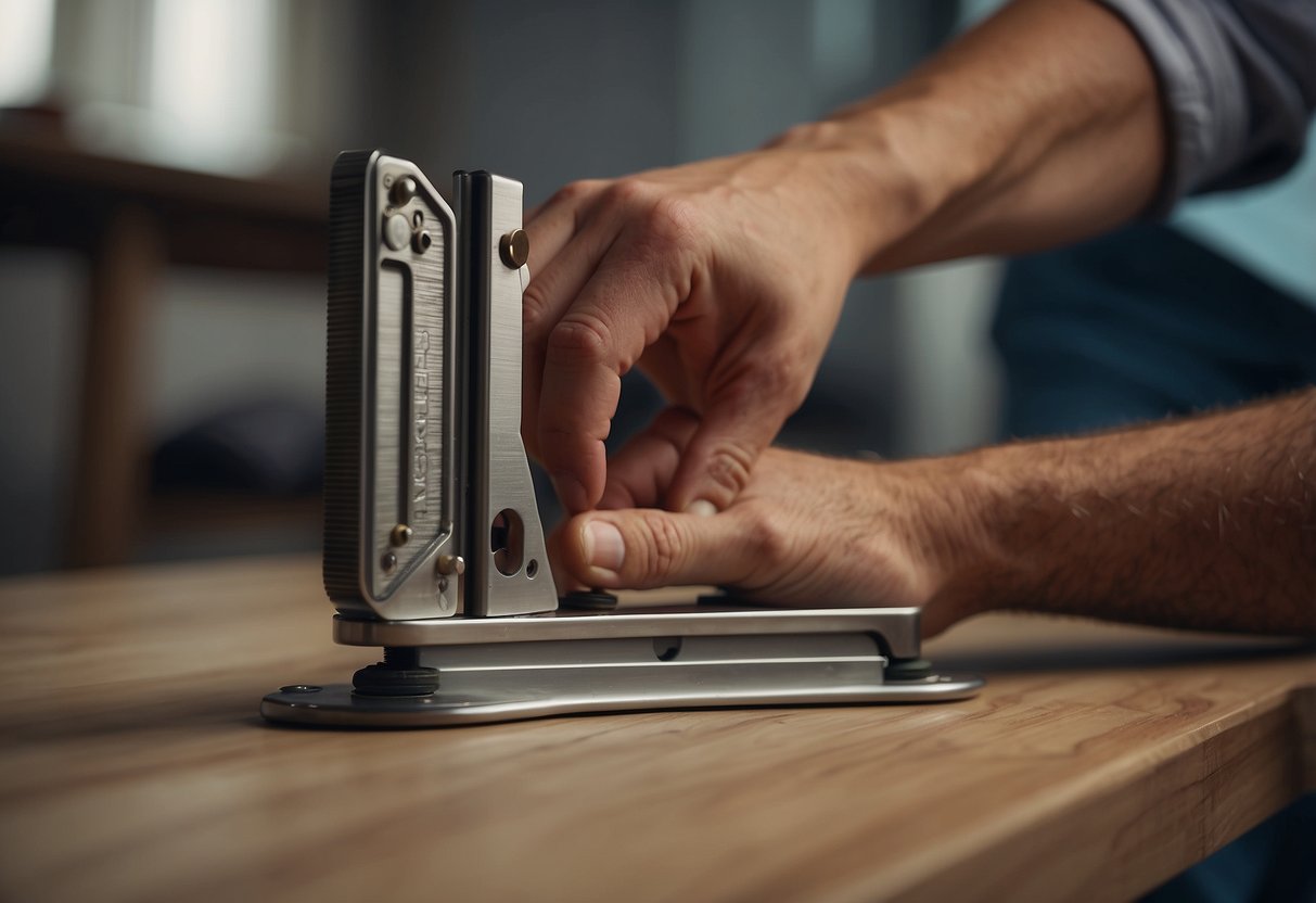 A hand adjusts a furniture leveler under a table leg. The leveler is being installed and adjusted to ensure the table is stable and level
