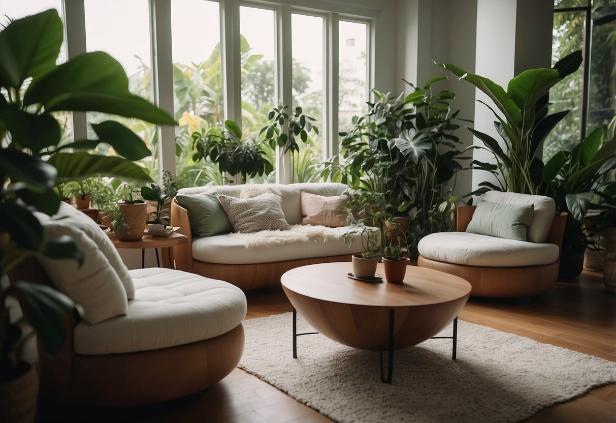 A cozy living room with a rubber tree coffee table and chairs, surrounded by lush green plants and soft natural lighting