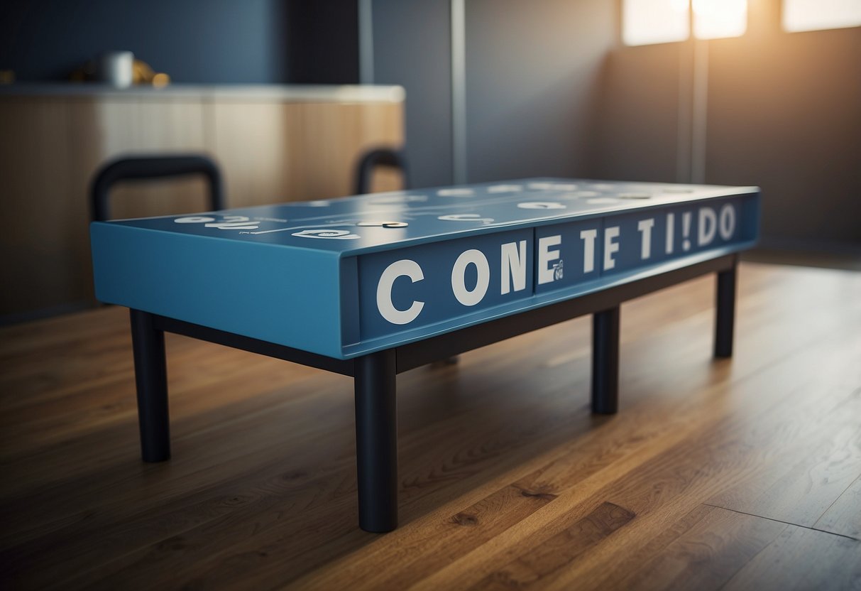 A table with adjustable levelers under each leg, surrounded by question marks and a FAQ sign