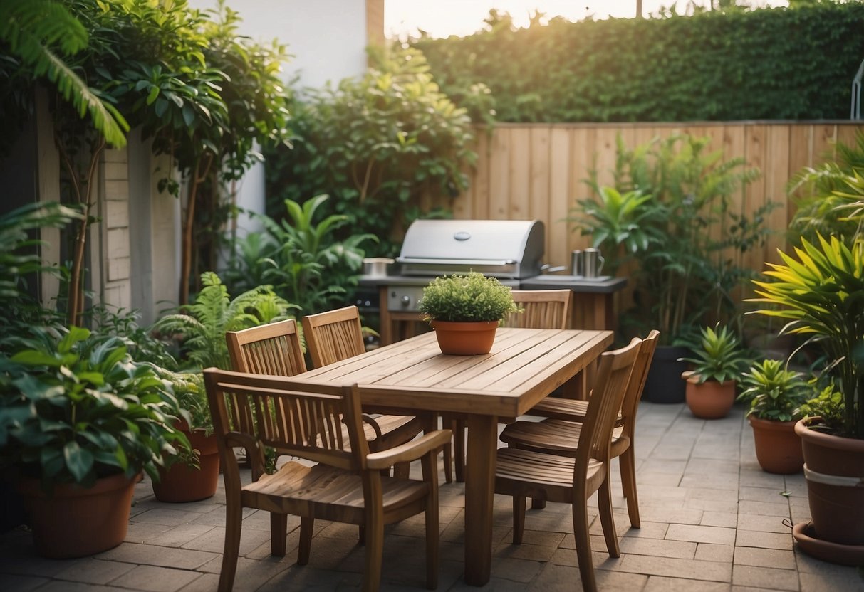 A backyard patio with a large grill, a wooden table and chairs, surrounded by lush greenery and colorful potted plants