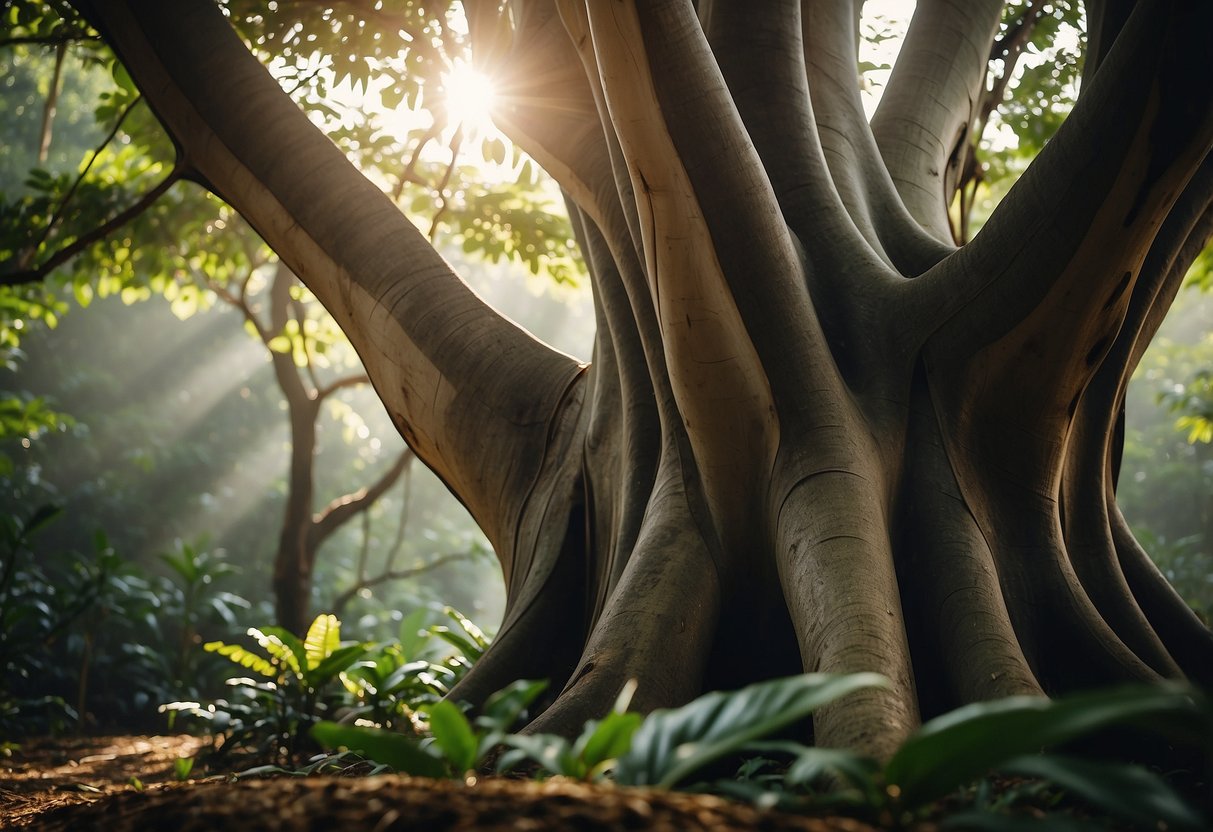 A rubber tree stands tall in a lush forest, with its smooth, pale bark glistening in the sunlight. Nearby, a craftsman shapes its wood into elegant furniture pieces