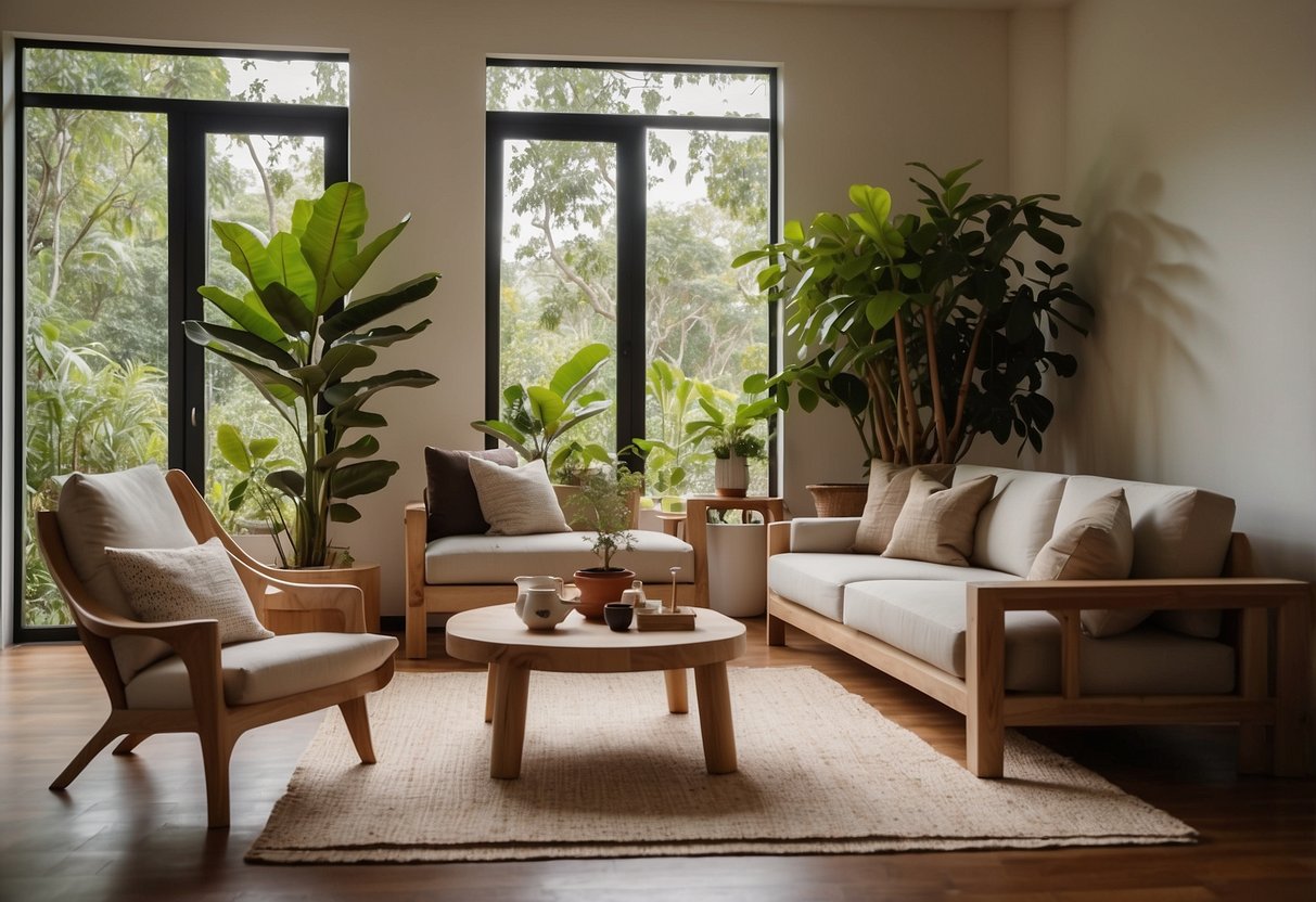 A cozy living room with rubber tree furniture essentials: a coffee table, chair, and bookshelf, all made from sustainable rubber tree wood