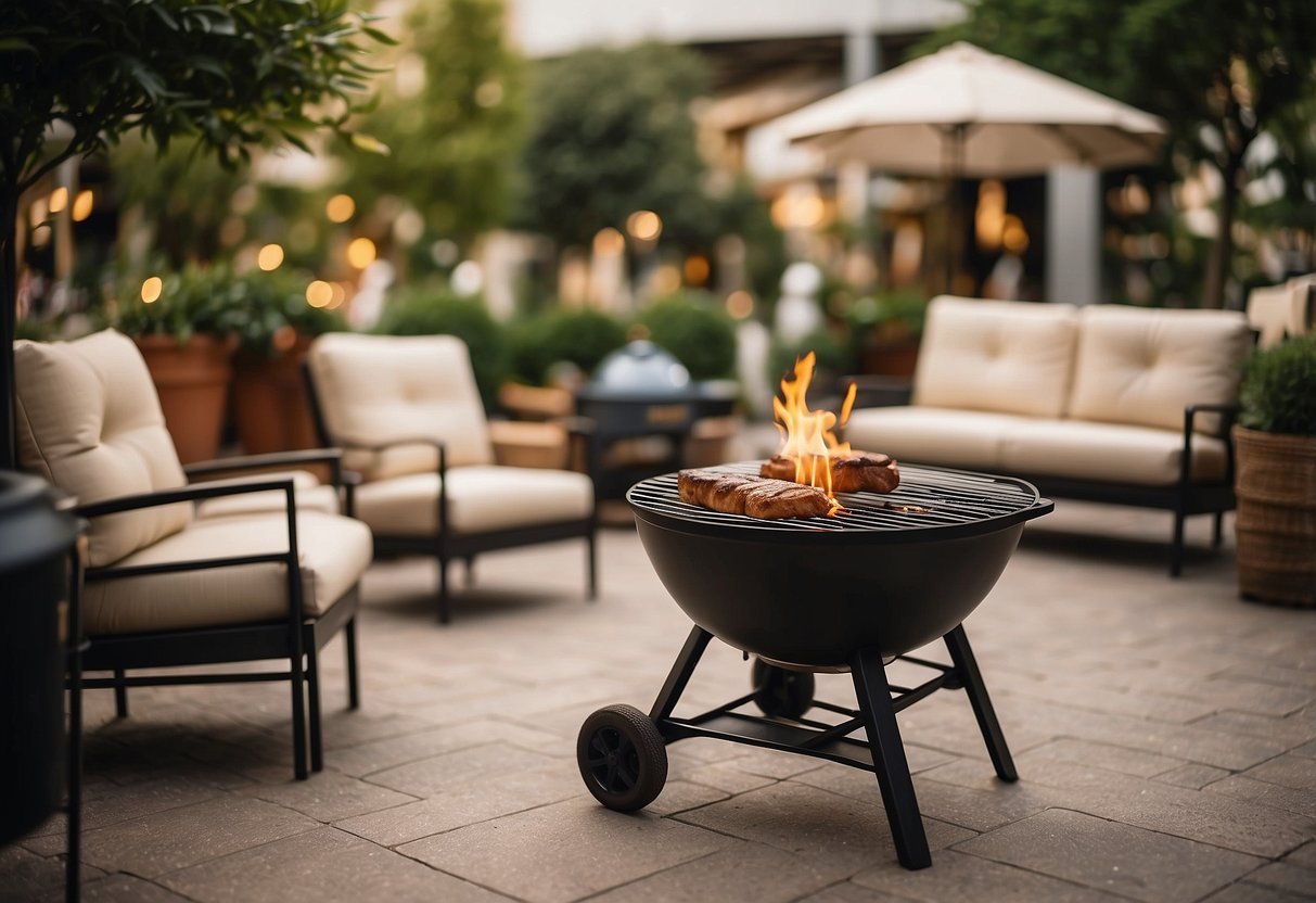 A person is choosing outdoor BBQ furniture in a store, surrounded by various options and designs