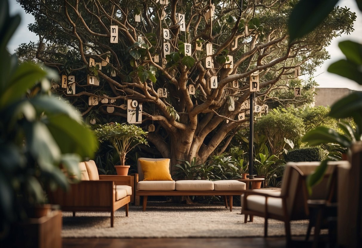 A rubber tree with furniture pieces growing from its branches, surrounded by question marks and a sign reading "Frequently Asked Questions."