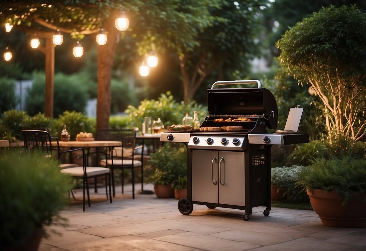 A cozy outdoor patio set with a stylish BBQ grill, surrounded by lush greenery and warm ambient lighting