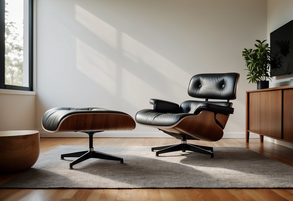 A sleek Eames lounge chair sits next to a minimalist Noguchi coffee table, with a bold Eames plywood chair in the background
