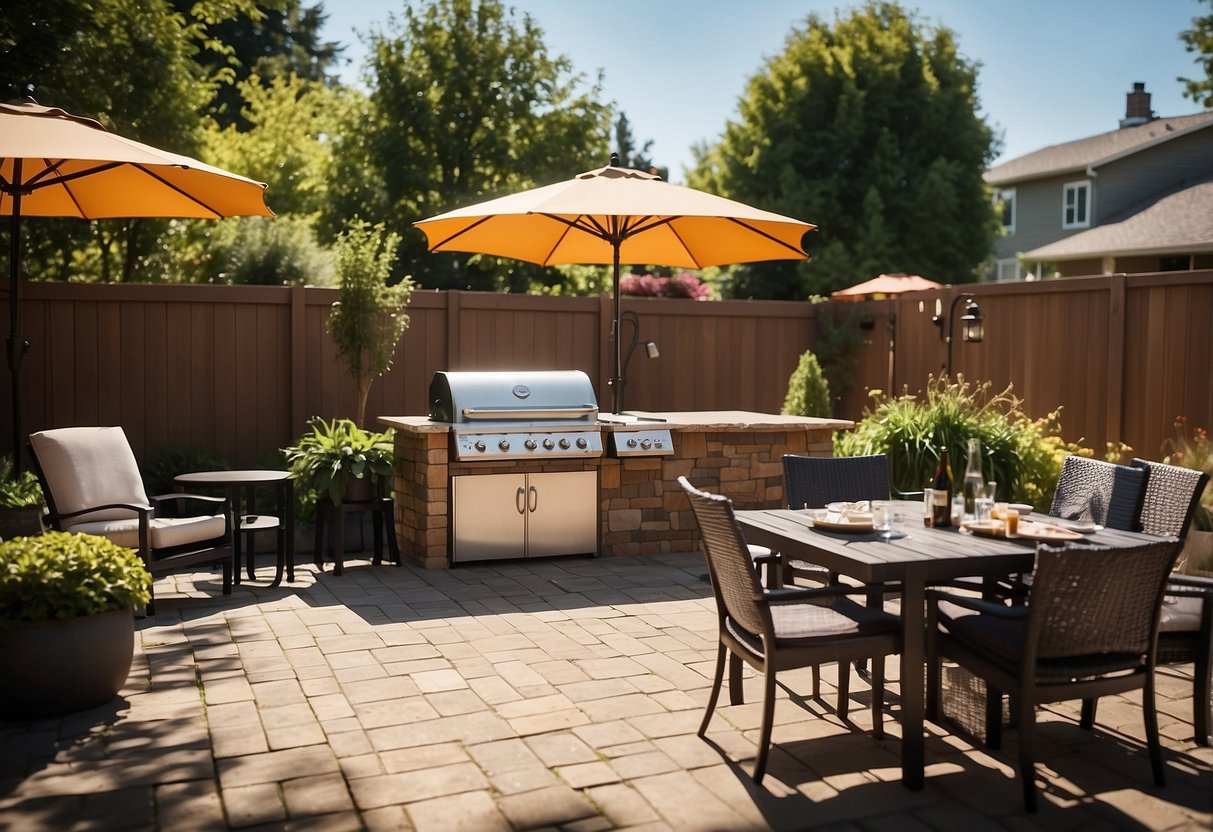 A backyard patio with a BBQ grill, surrounded by outdoor furniture such as tables, chairs, and umbrellas. The setting is sunny and inviting
