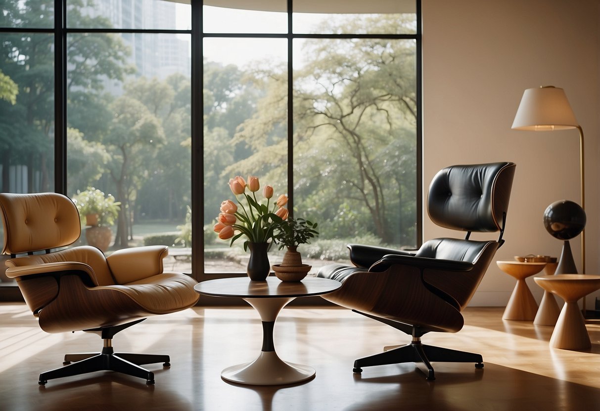 A sleek Eames chair sits beside a Noguchi table, while a Saarinen tulip chair stands elegantly in the background. The room is adorned with iconic mid-century modern furniture pieces, creating a timeless and sophisticated atmosphere