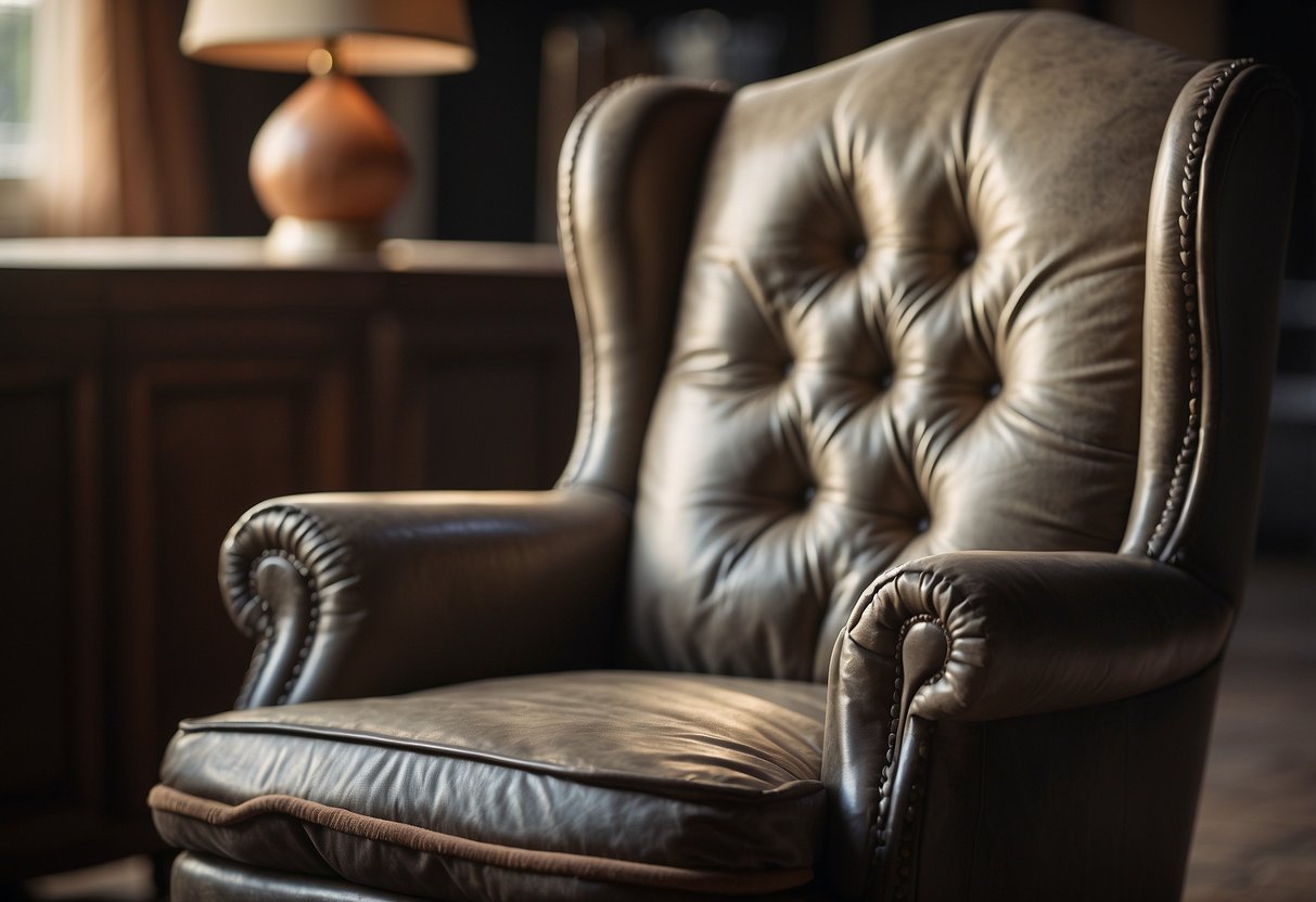 A worn-out armchair is being meticulously restored, with wood polishing and intricate upholstery work