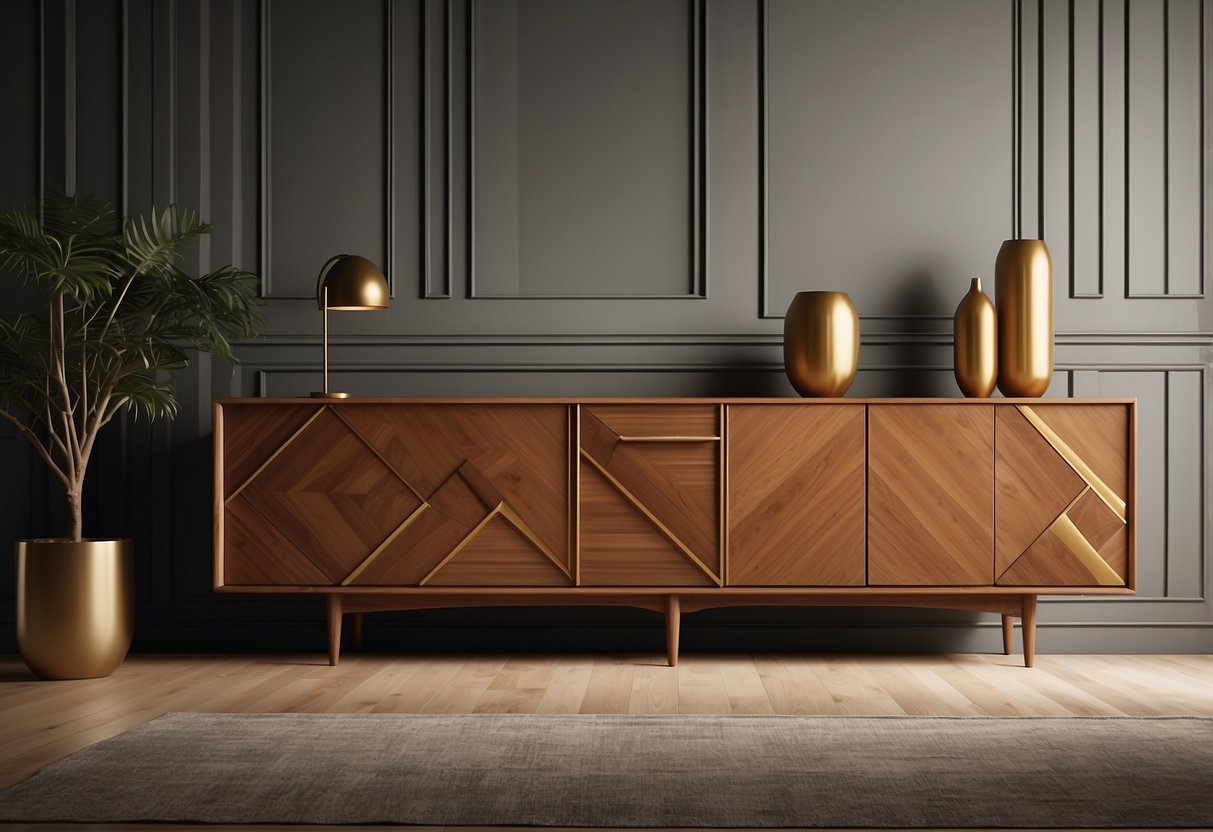 A sleek, minimalist chair with tapered legs and clean lines sits next to a teak wood sideboard with geometric patterns and brass hardware